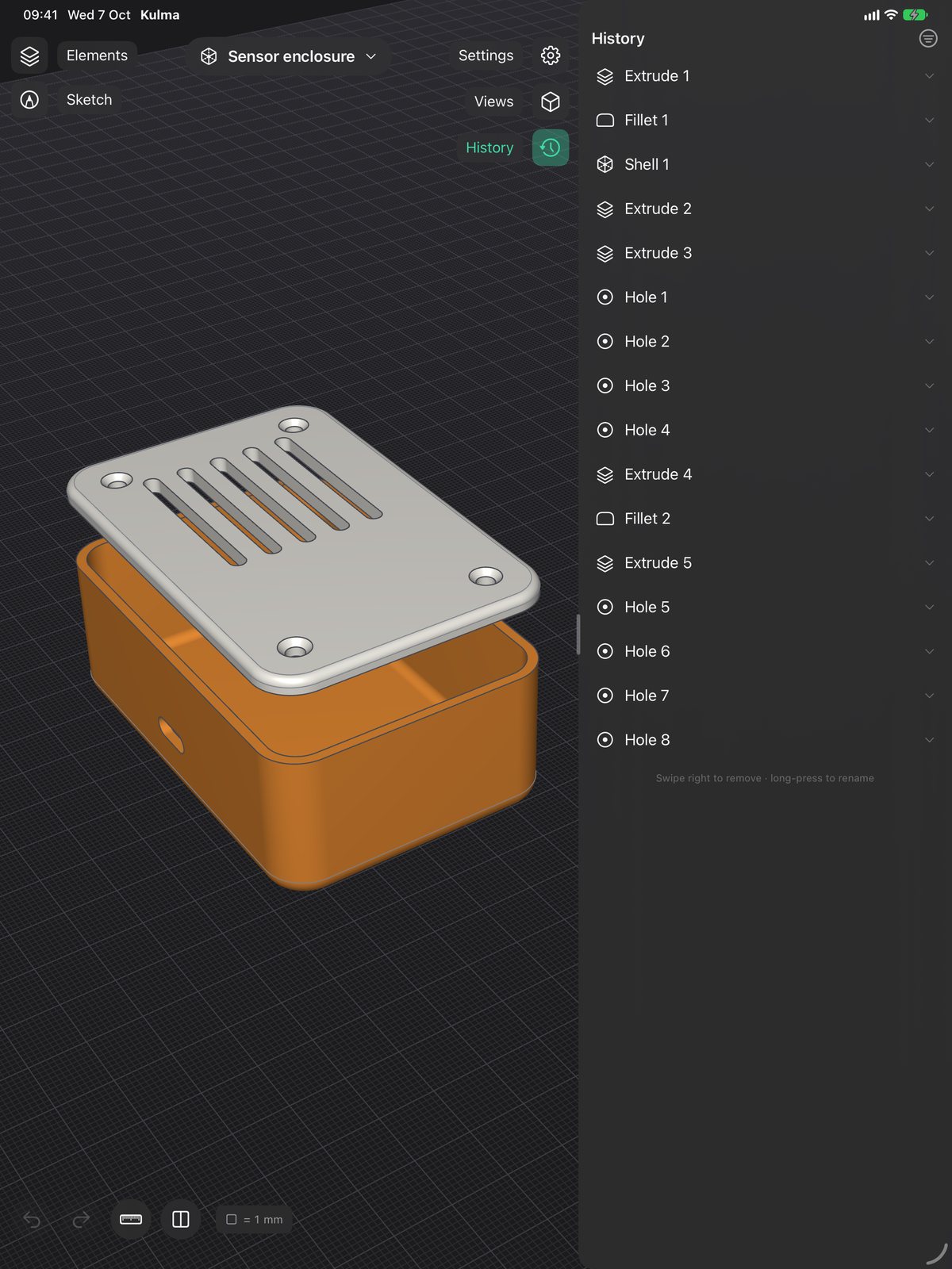 Kulma on iPad: the enclosure and its History panel