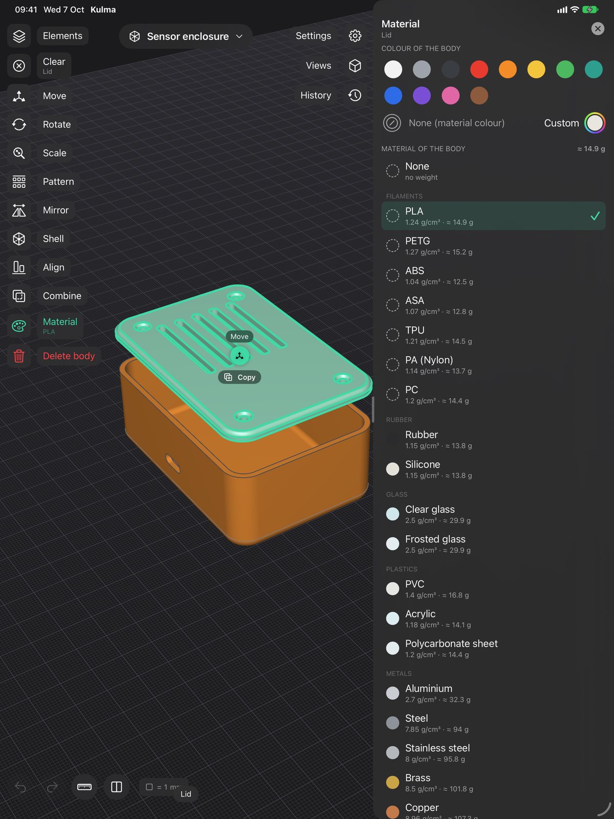 The Material panel open for the enclosure lid, with filaments and weights
